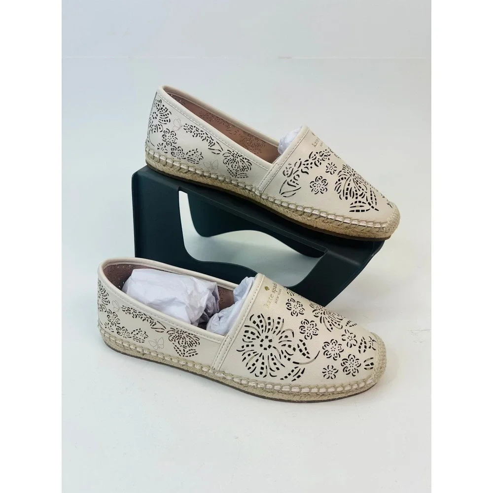 Kate Spade Gwen‎ Floral Flutter Espadrille Flats Parchment Leather Womens 8B